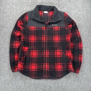 Columbia Fleece Jacket Women’s Small Red Buffalo Plaid Full Zip Pockets 1880321